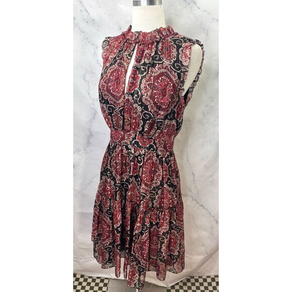 Kate Spade So Foxy Pleated Dress Silk Blend Red Metallic Medallion 6 boho Tierd - Picture 4 of 16